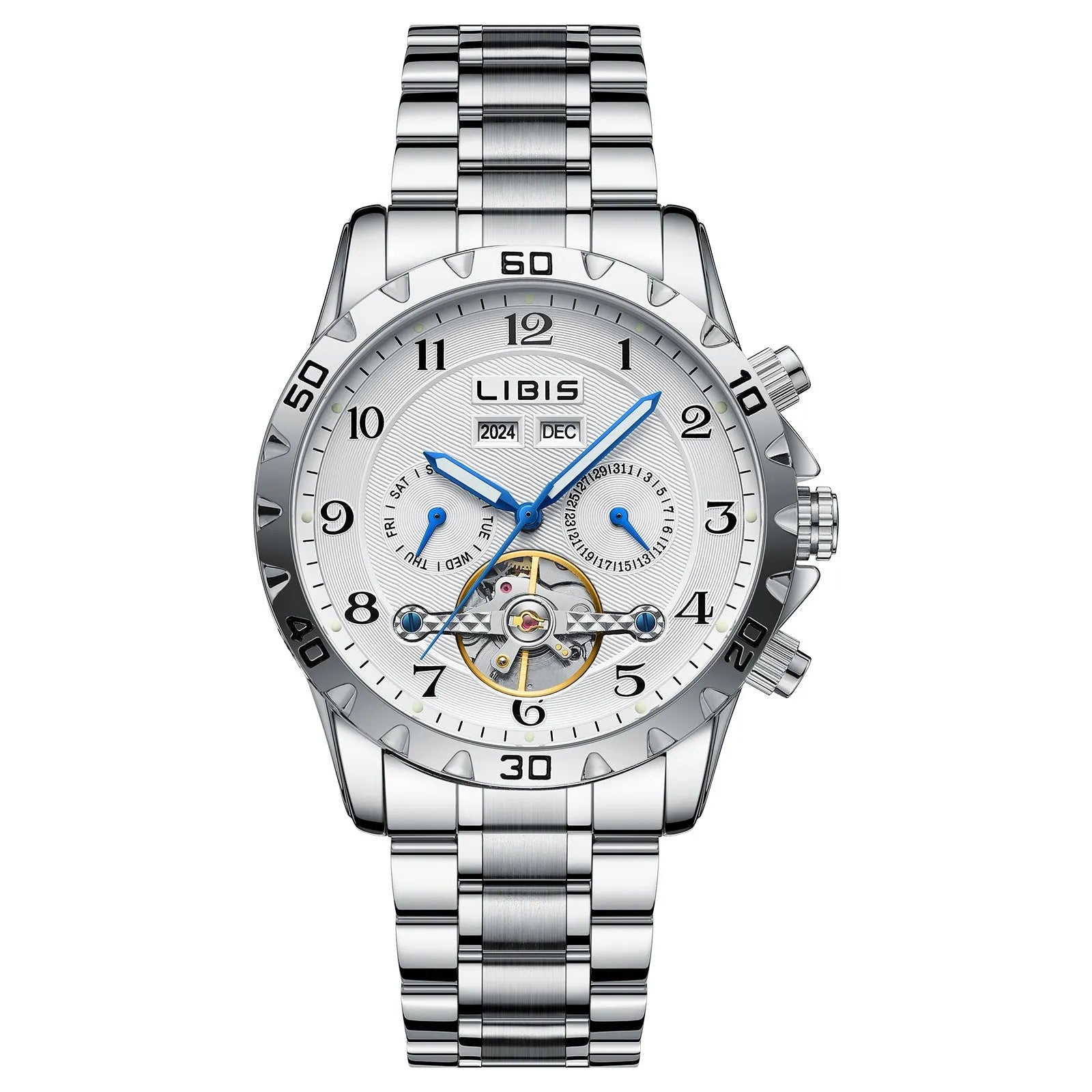 Men's silver stainless steel automatic perpetual calendar watch with sapphire crystal glass