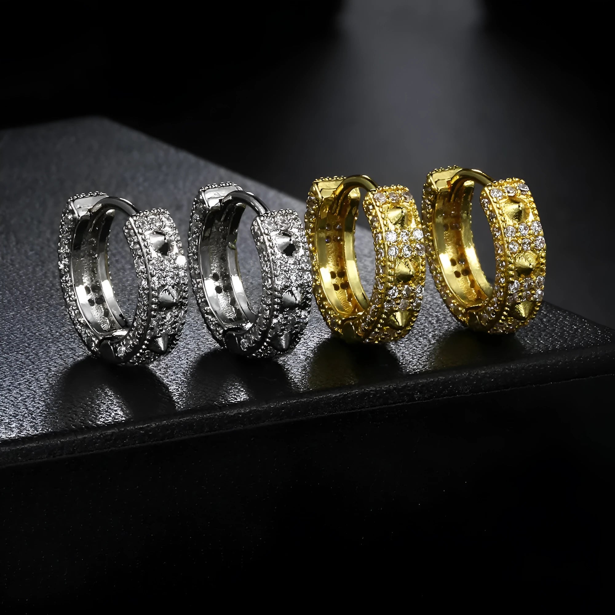 Geometric copper hip hop ear clips with full diamond round design in white gold stone colour