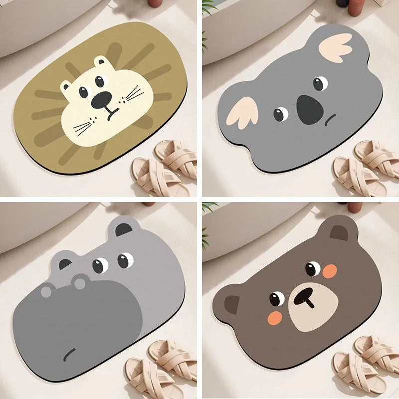 Cartoon animal diatomite absorbent bathroom mat in alien shape on bathroom floor.
