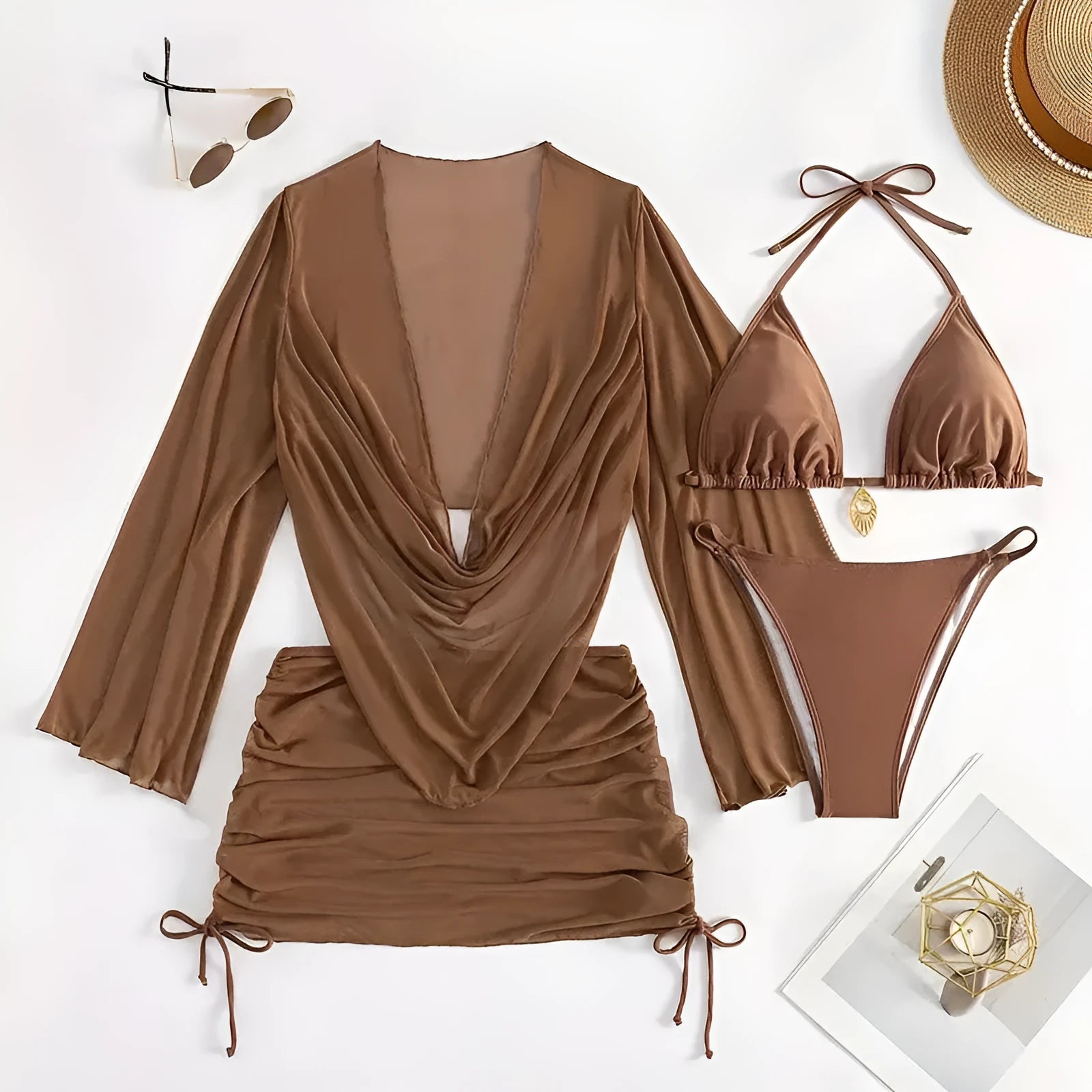 Women's dark brown lace-up bikini set on a mannequin, showing sleeveless briefs design.