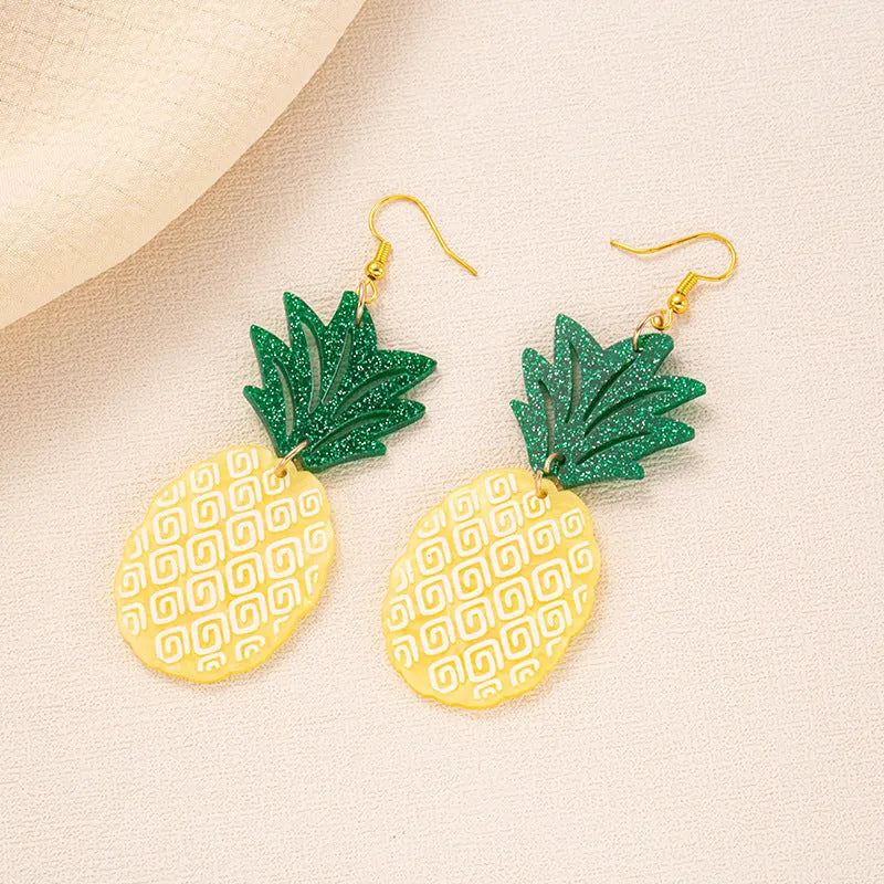 Acrylic drop earrings with coconut and jackfruit design on the ear hook in one of five styles.