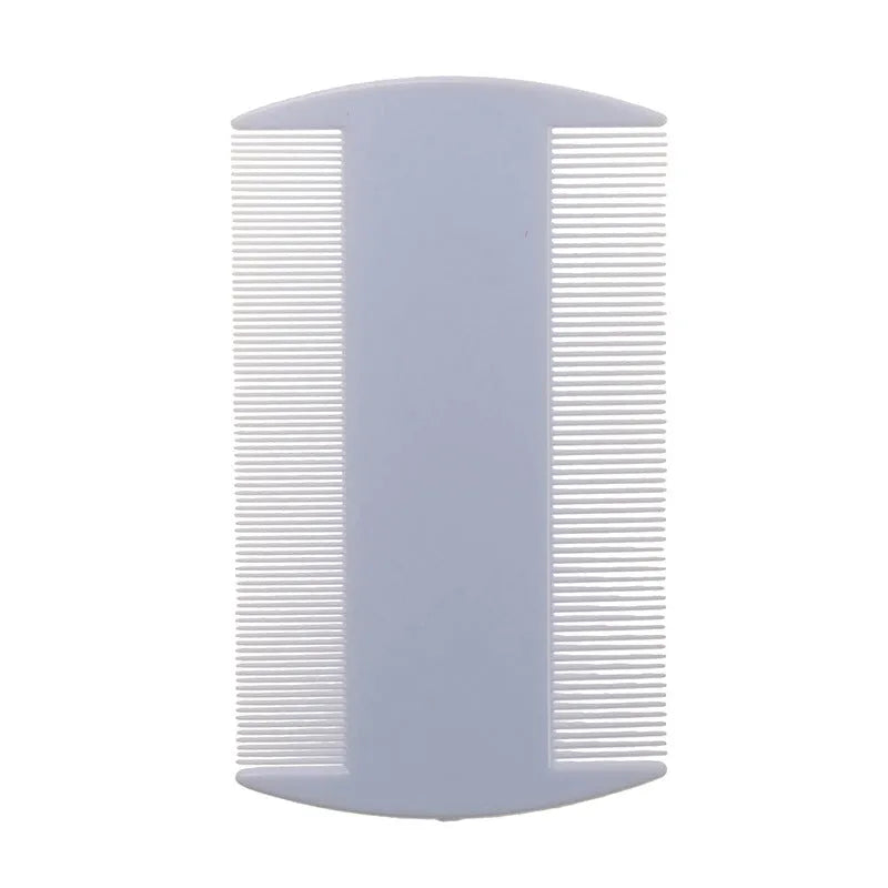 A white double-sided fine-toothed plastic comb for lice removal, shown on a blue background.