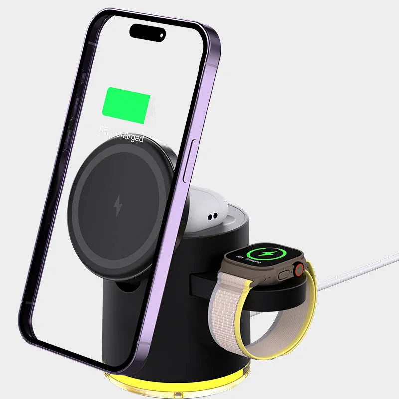 C16 portable magnetic three-in-one wireless folding charger in black or ivory white showing phone, watch and earbuds charging simultaneously