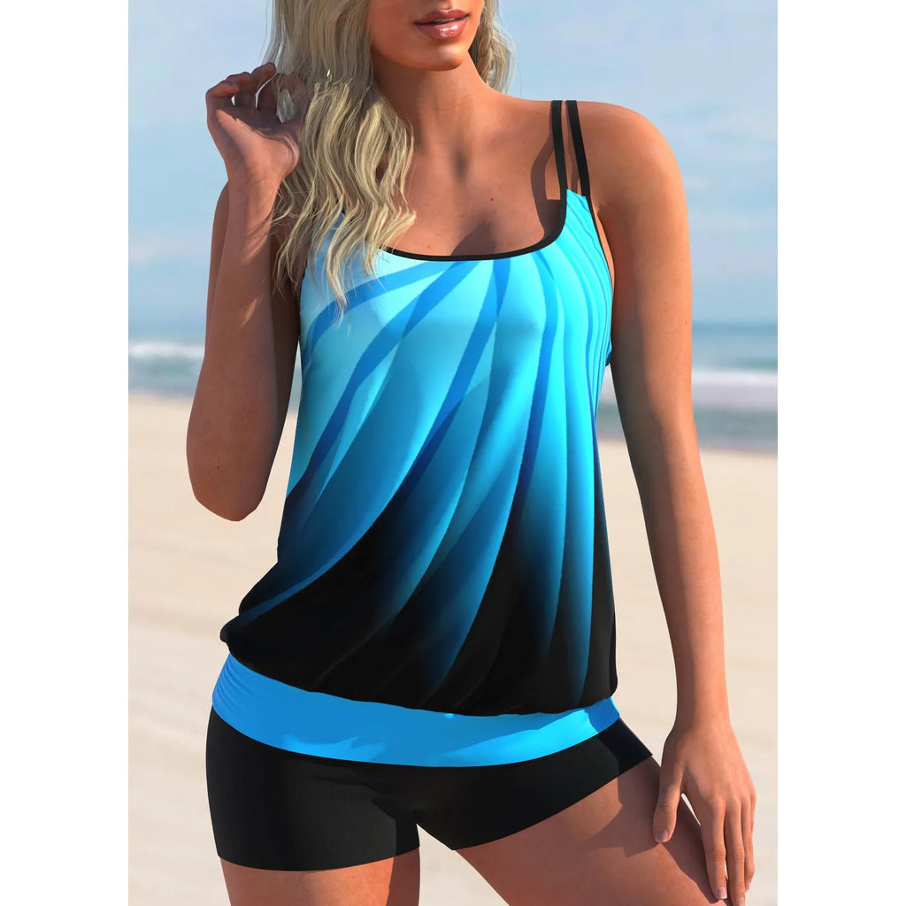 Plus size women's swimsuit set with strapped top and beach shorts in butterfly print pattern
