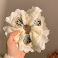 Bear blue bow lace elastic large intestine hair ring with cute bear motif on cloth material