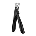French U-shaped stainless steel nail art scissors shown in black, titanium, and silver handle finishes.