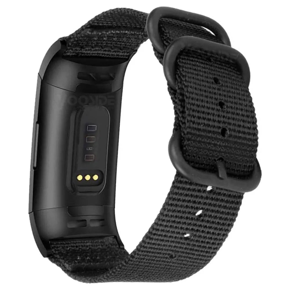 Nylon three-ring buckle replacement strap for Fitbit Charge 2, 3, 4, and 5 fitness trackers in multiple colours