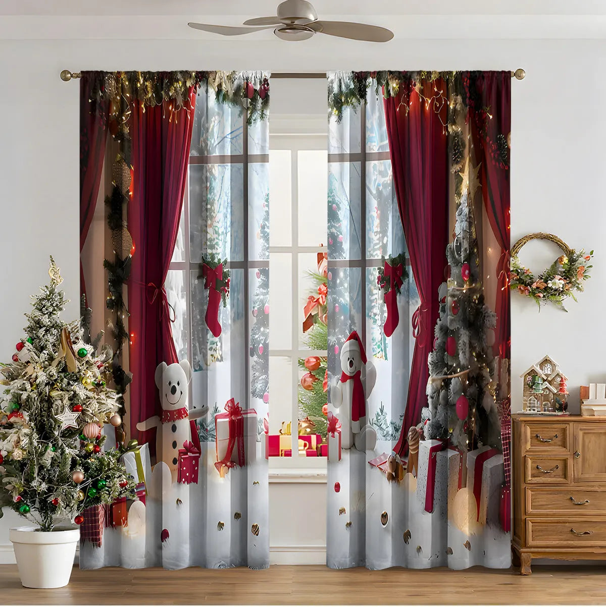 Pair of 3D digitally printed Christmas curtains in a modern design, made from polyester fabric.