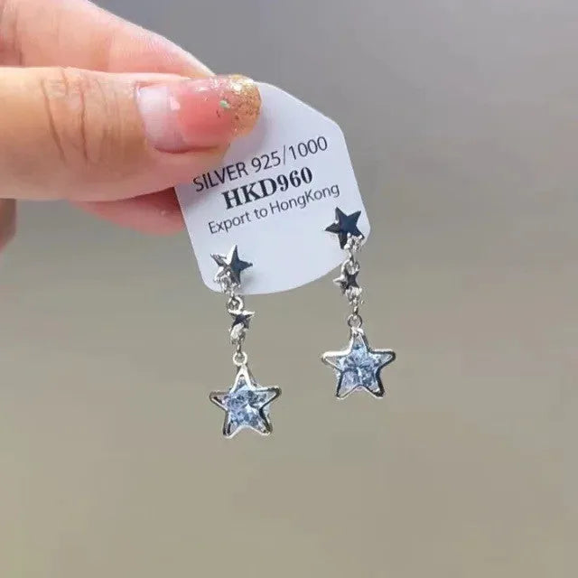 Geometric heart rhinestone little stars tassel earrings available as stud or clip-on women's jewellery