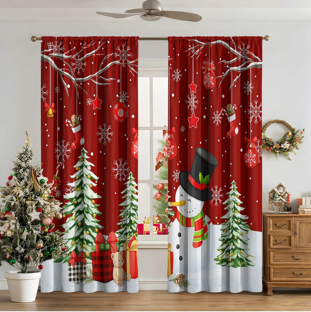 Pair of 3D digitally printed Christmas curtains in a modern design, made from polyester fabric.