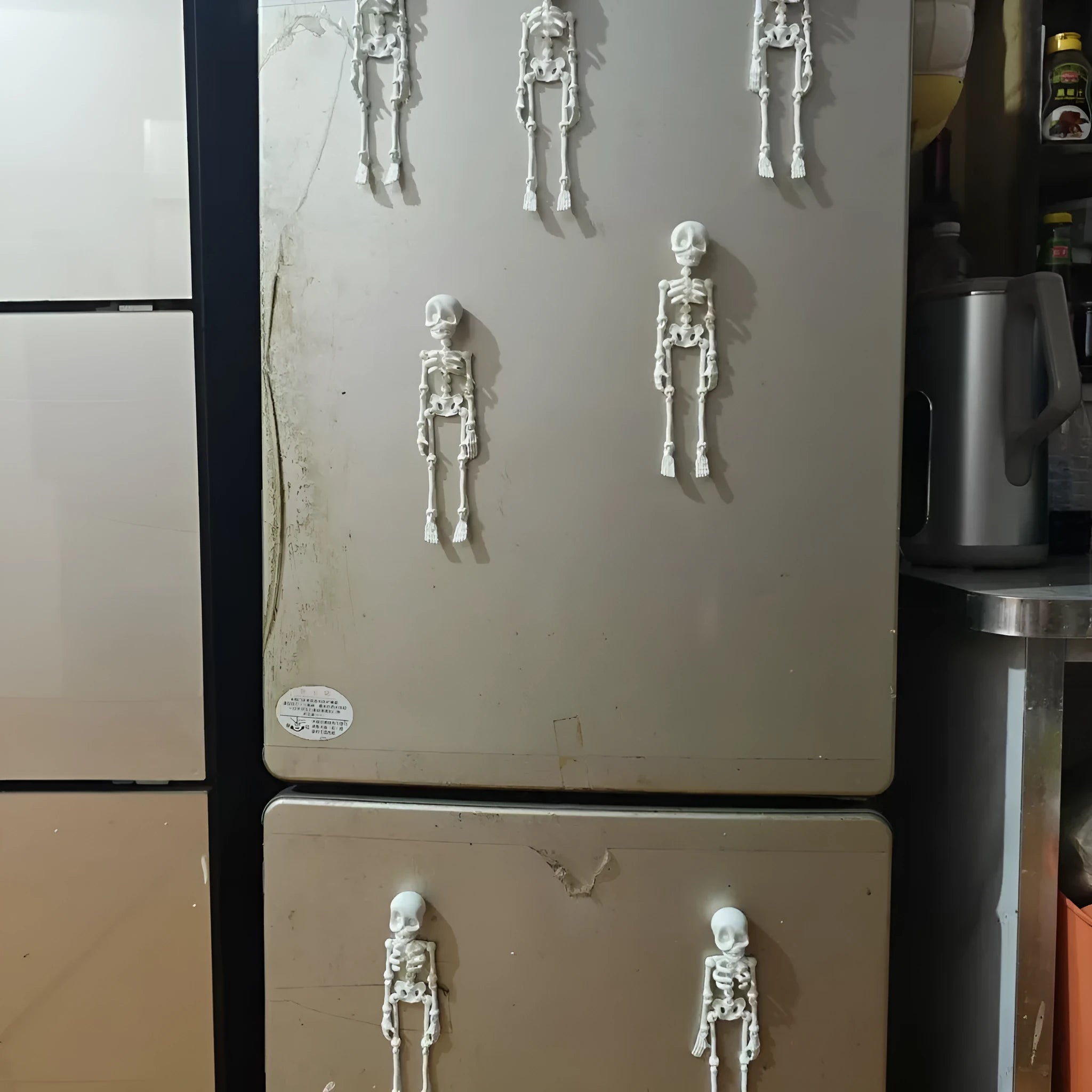 3D printed white skull refrigerator magnet with intricate details on a metallic surface.
