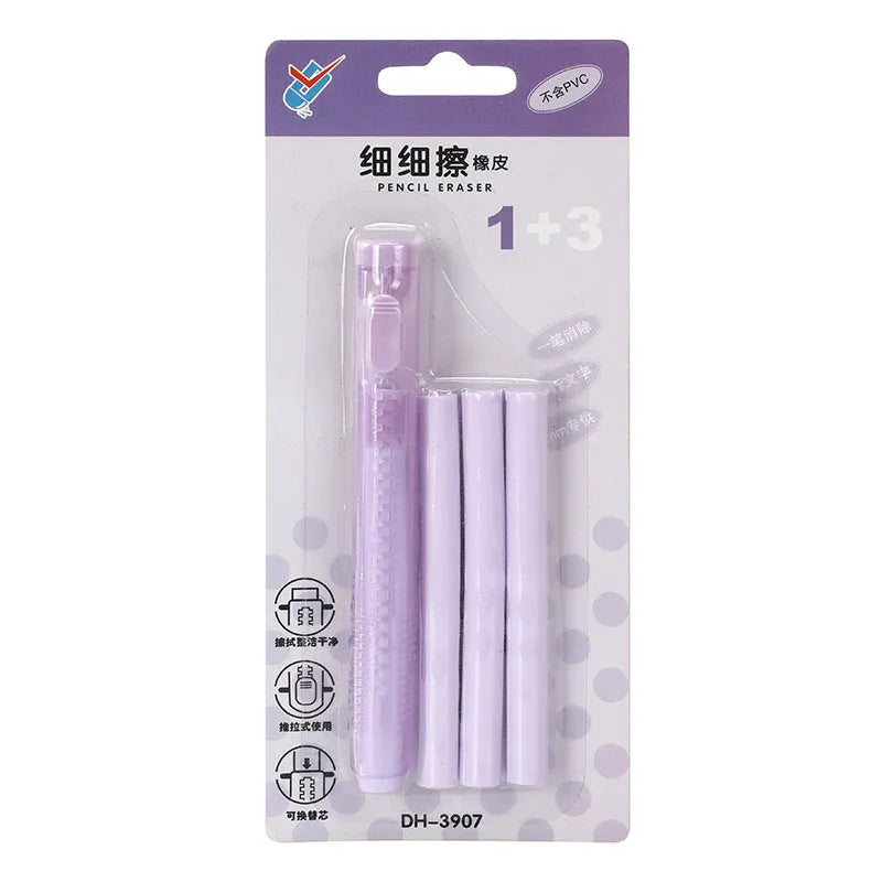 Blue push-type automatic children's eraser on a 12cm by 8cm measurement grid.