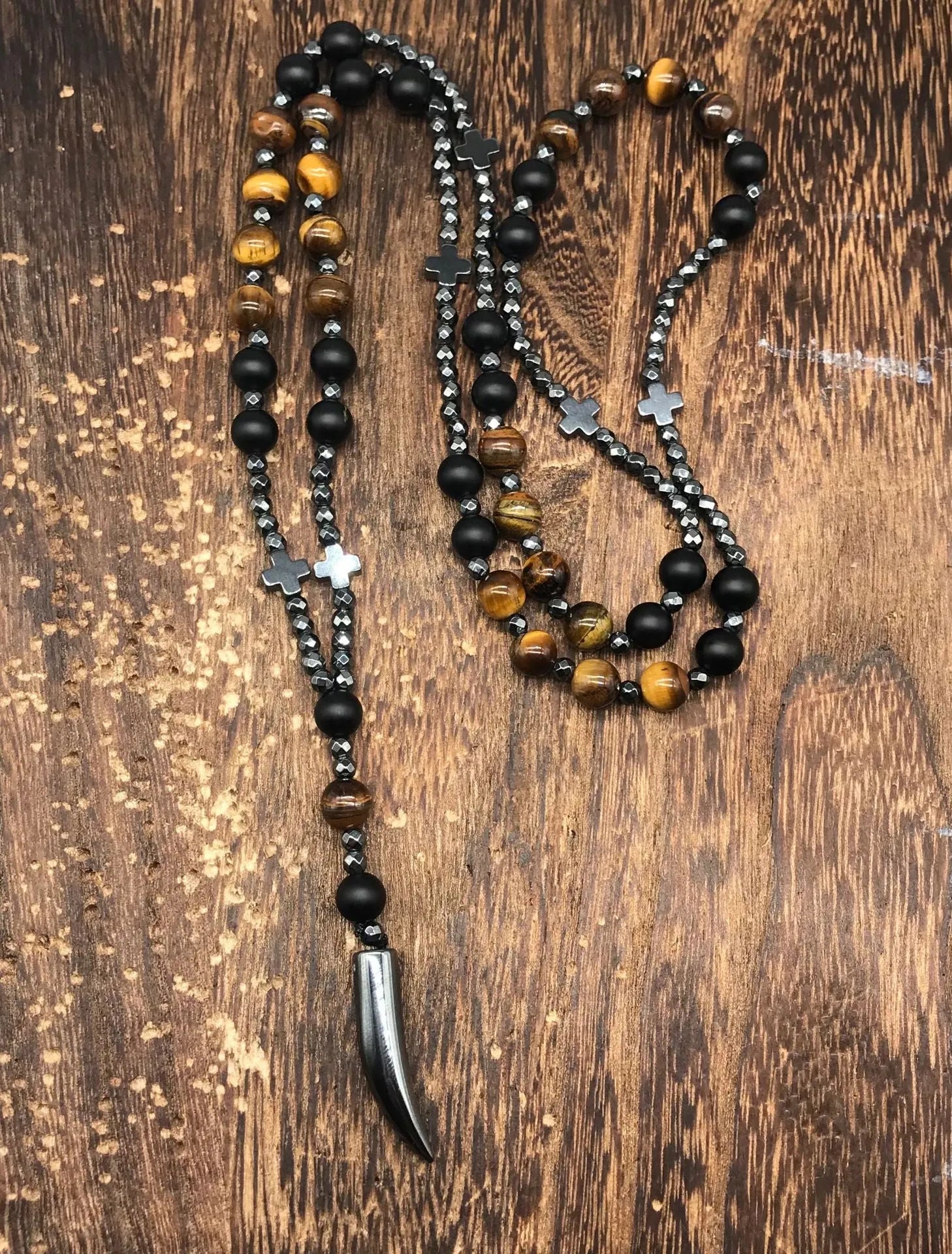Men's stone cross pendant necklace on 80cm ball bead chain with safety lock clasp