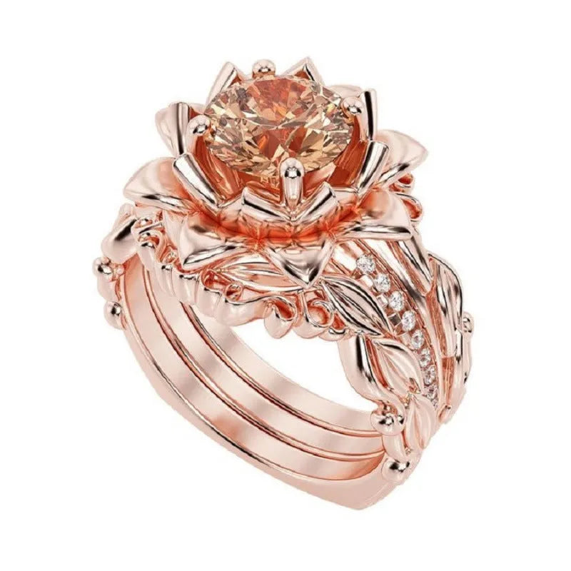 Rose design alloy ring with zircon inlay, shown in rose gold, black pink diamond, and black seven-colour rhinestone colour options.