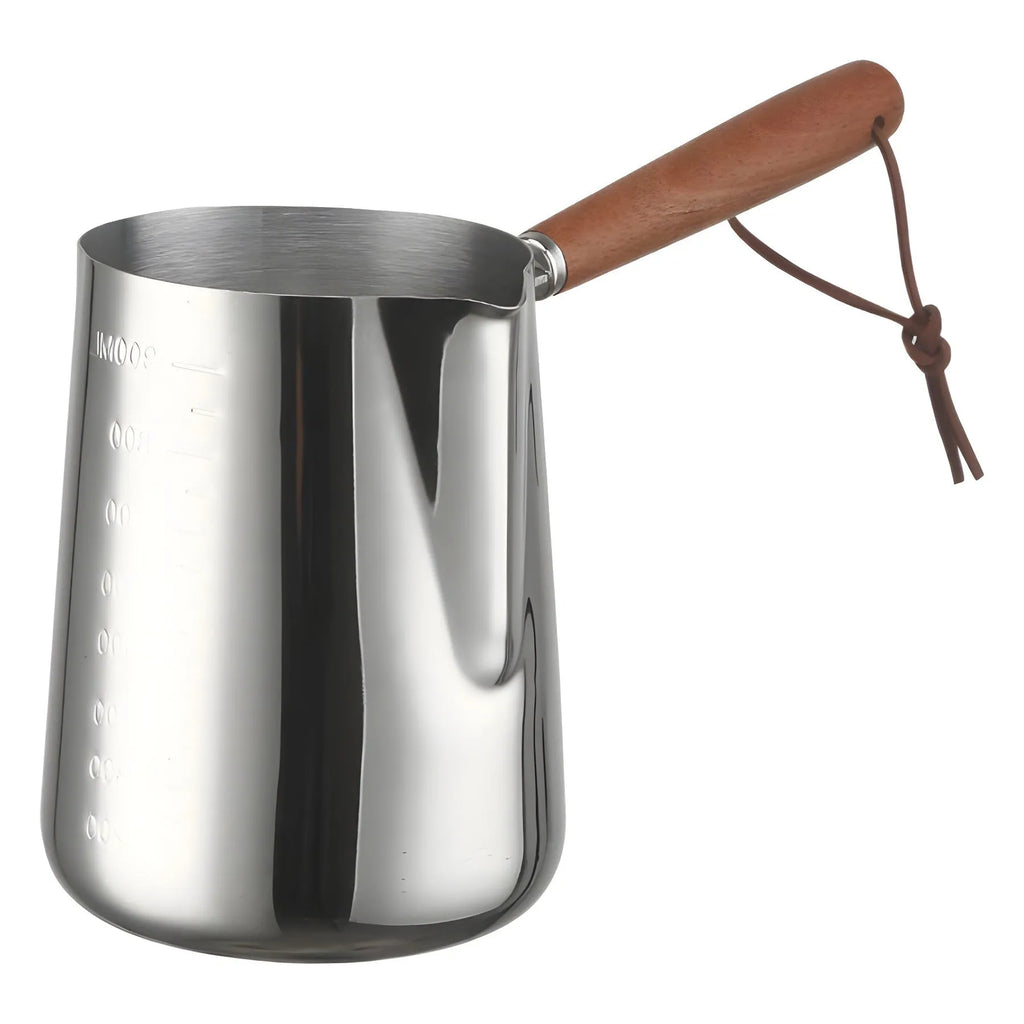 Stainless steel coffee cup with wooden handle shown in simple solid colour, available in 350ml, 600ml or 1000ml capacities.