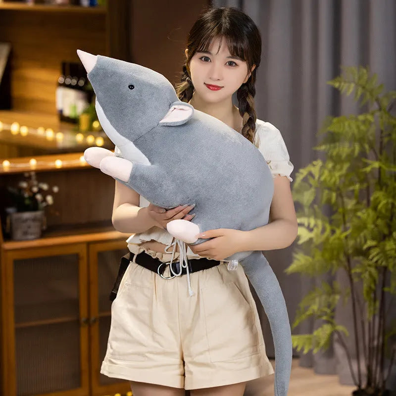 Cartoon-style grey mouse plush doll stuffed toy sitting upright, available in 32cm, 50cm, and 100cm sizes.