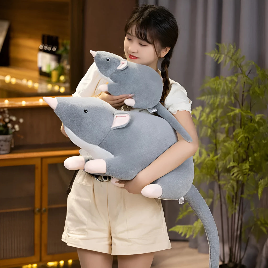 Cartoon-style grey mouse plush doll stuffed toy sitting upright, available in 32cm, 50cm, and 100cm sizes.