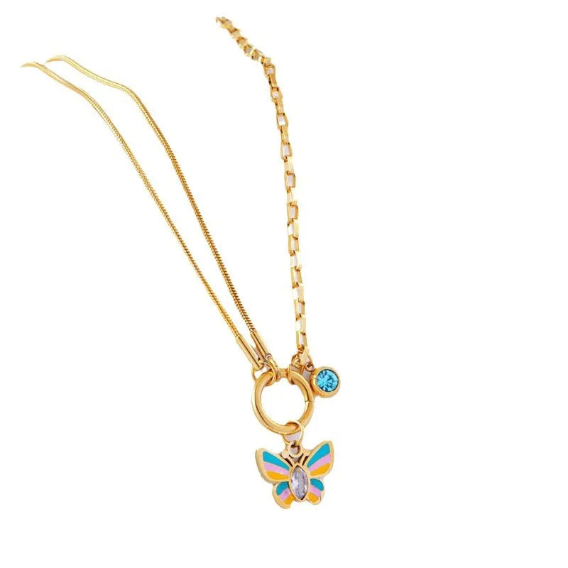 Gold titanium steel butterfly necklace and bracelet jewellery set with animal modelling details