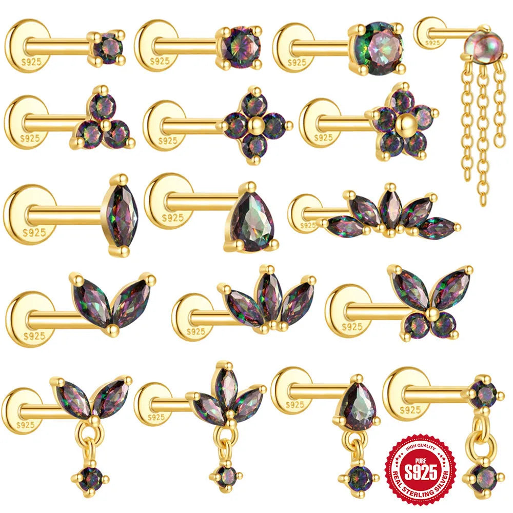 S925 sterling silver flat head thread piercing earring with rainbow stone in single gold colour.