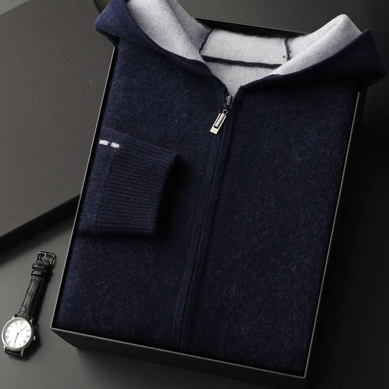 Men's dark blue cashmere zip cardigan with half-high collar and long sleeves