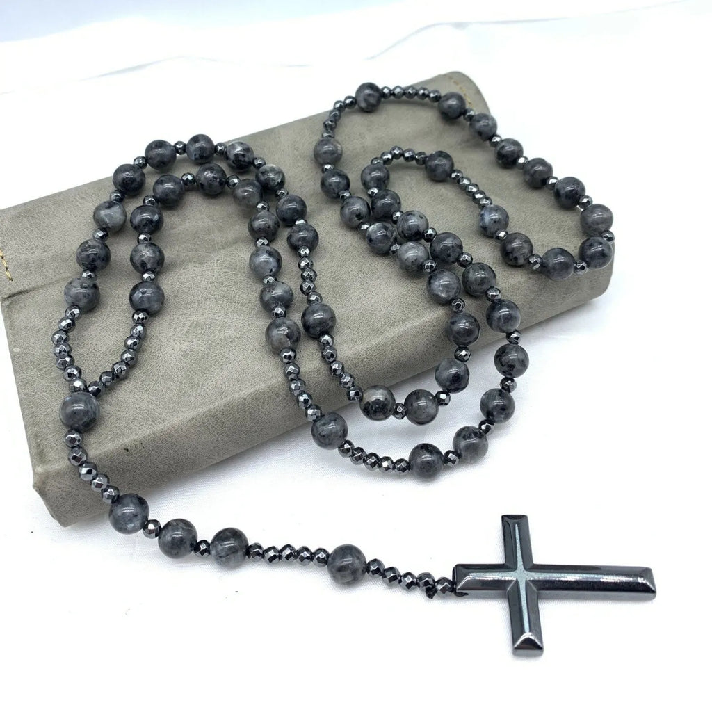 Men's stone cross pendant necklace on 80cm ball bead chain with safety lock clasp