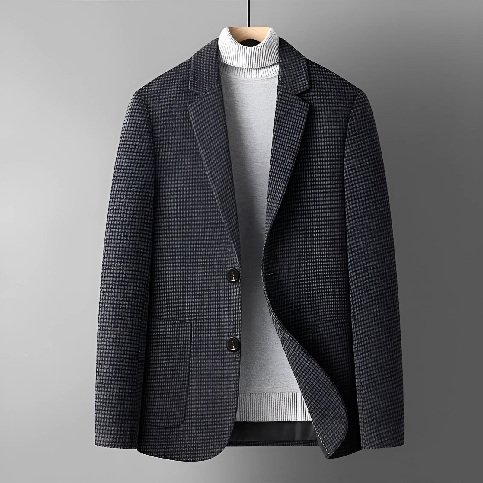 Men's slim-fit grey wool suit jacket with a notch lapel, shown on a hanger.