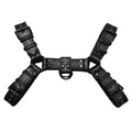 Men's black leather chest muscle bondage strap with metal buckles and adjustable shoulder harness design
