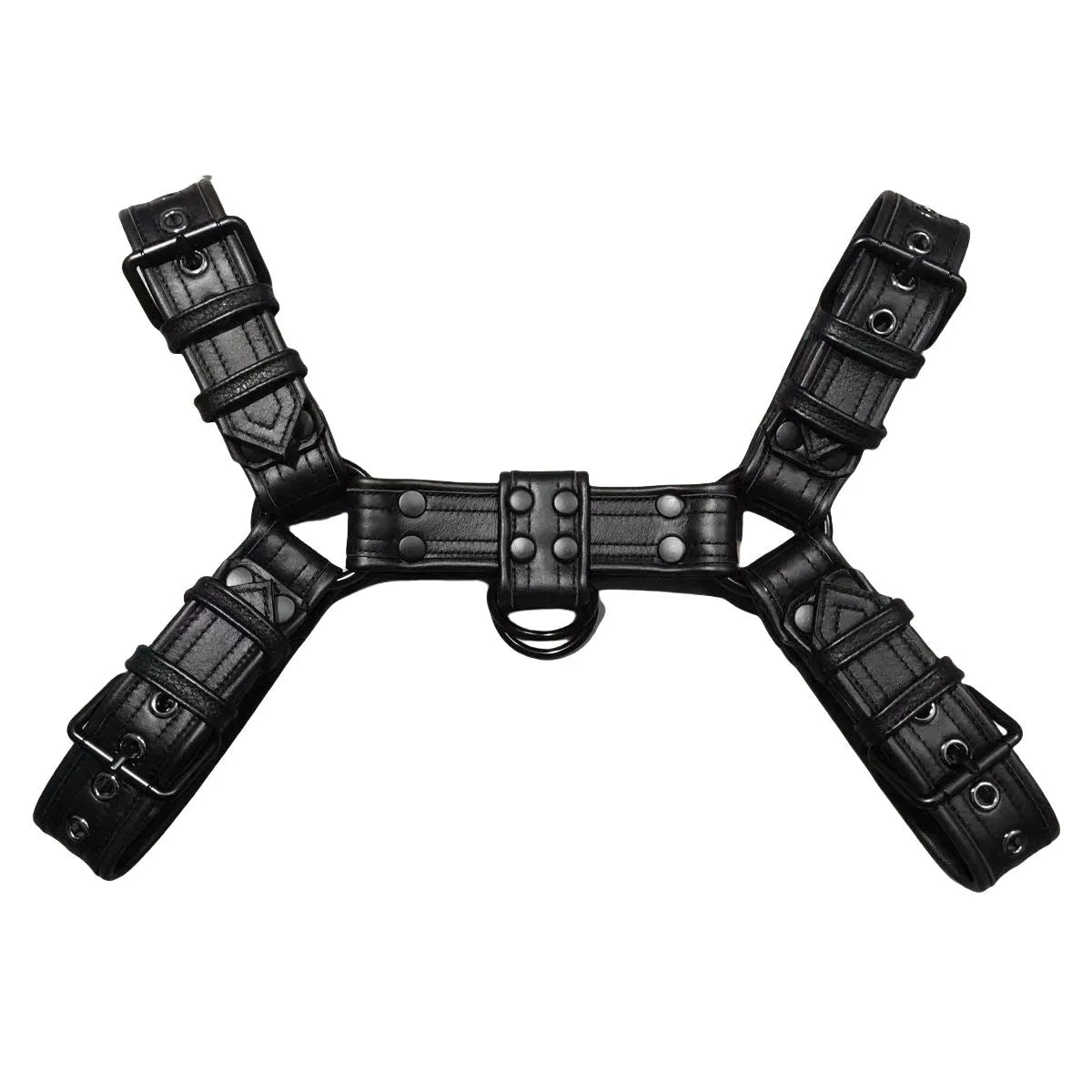 Men's black leather chest muscle bondage strap with metal buckles and adjustable shoulder harness design