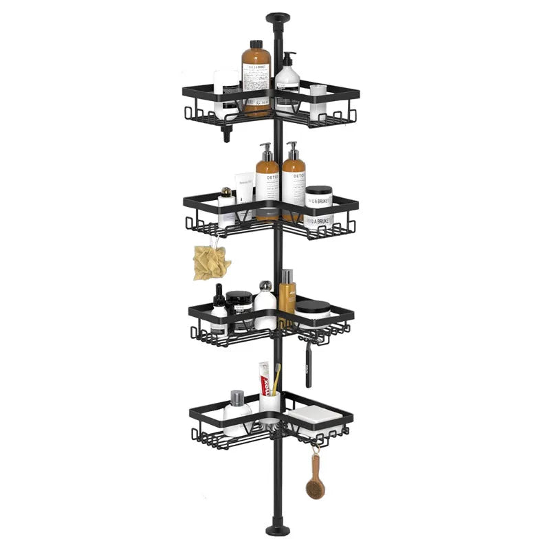 Four-layer retractable bathroom storage rack with hole-free mounting system