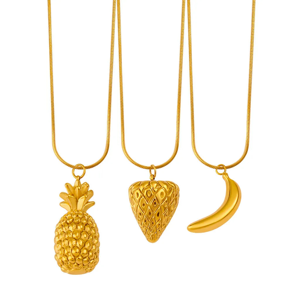 Stainless steel women's necklace with a small colourful fruit pendant on a regular chain.