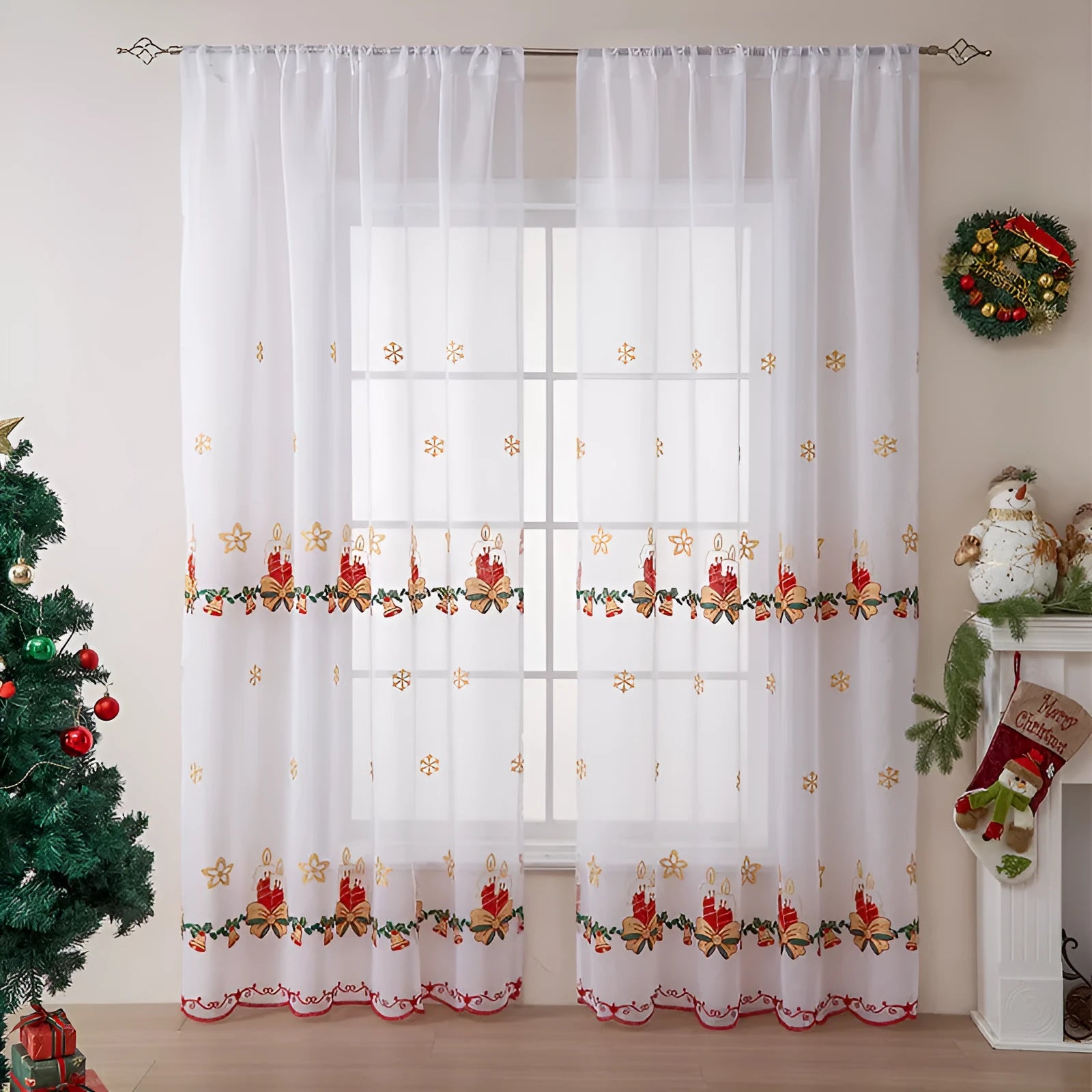 American Christmas curtain pair with white snowflake embroidery on red polyester fabric