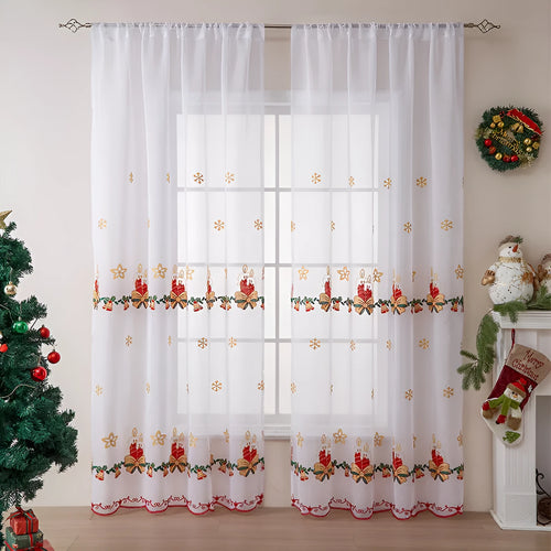 American Christmas curtain pair with white snowflake embroidery on red polyester fabric