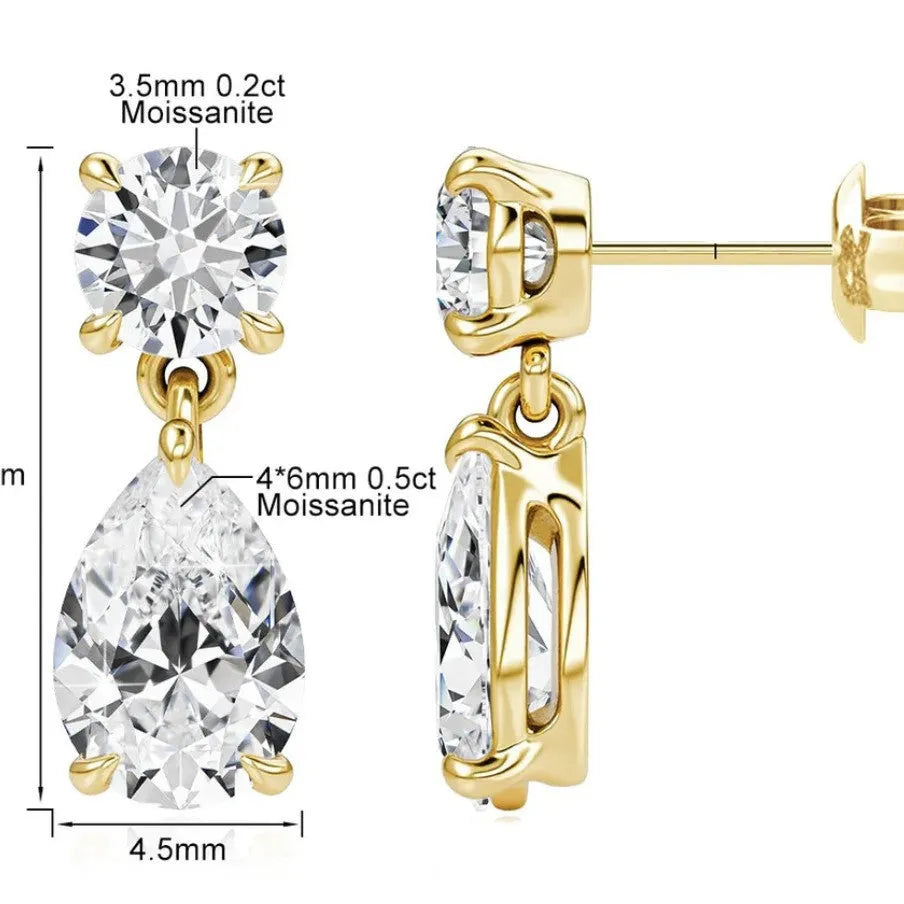 Two pairs of moissanite stud earrings: round stones and water drop shapes in gold or silver plating