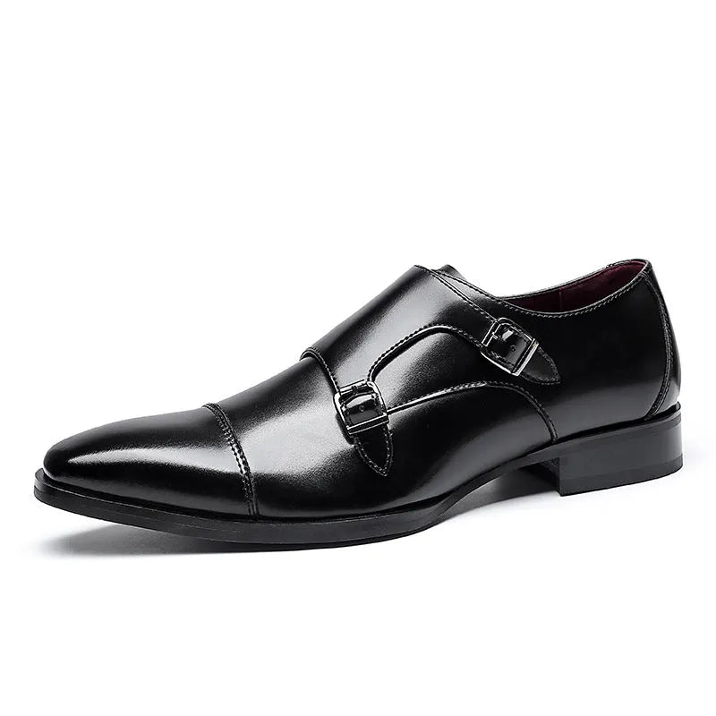 Men's black and light brown leather business shoes with square toe and rubber soles