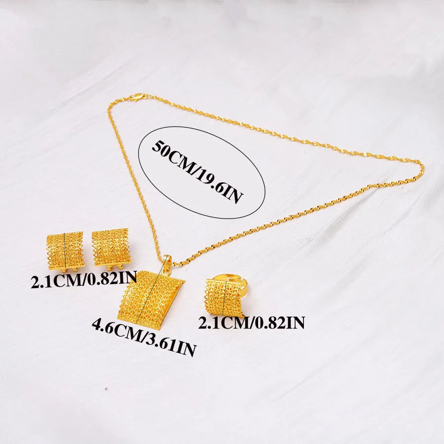 Golden copper bridal jewellery set showing necklace, earrings and ring combination for wedding accessories