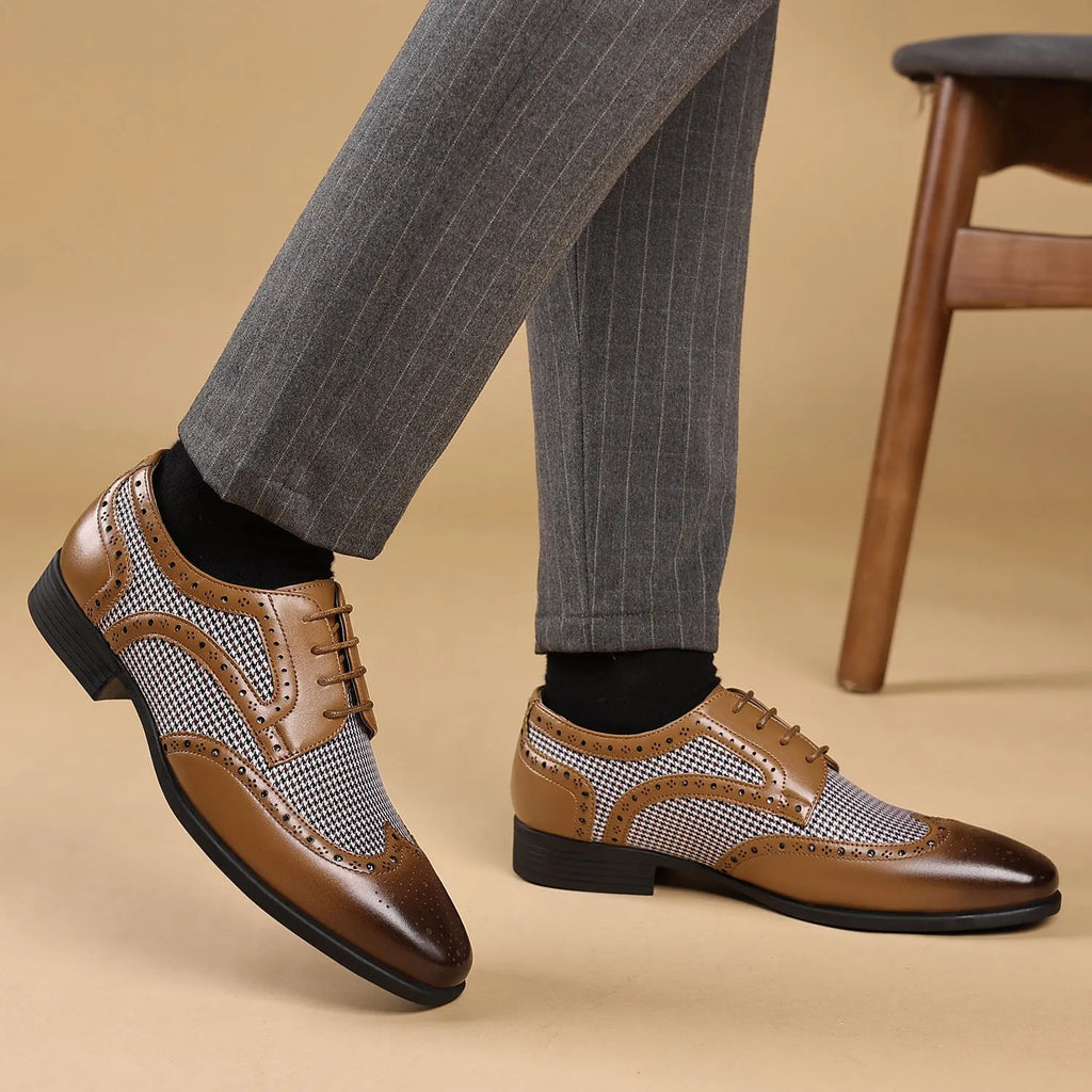 Men's black houndstooth plaid casual lace-up shoes with a square toe and rubber sole.