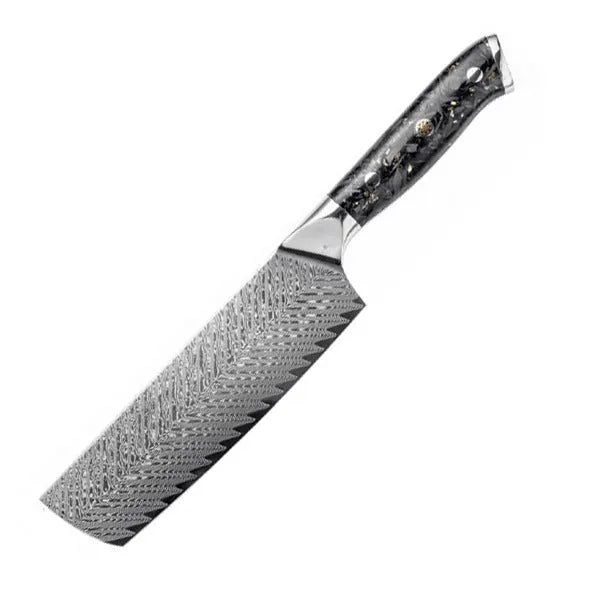 Eight-piece Damascus steel kitchen knife set showing fishbone pattern blades on a wooden surface.