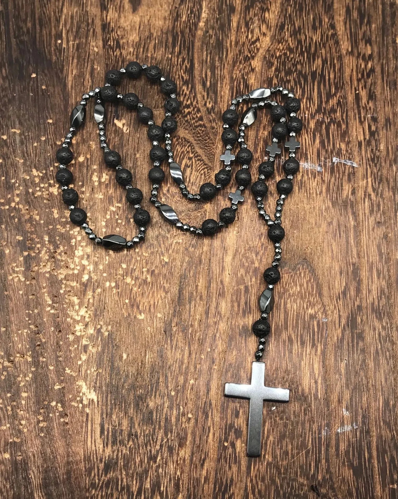 Men's stone cross pendant necklace on 80cm ball bead chain with safety lock clasp