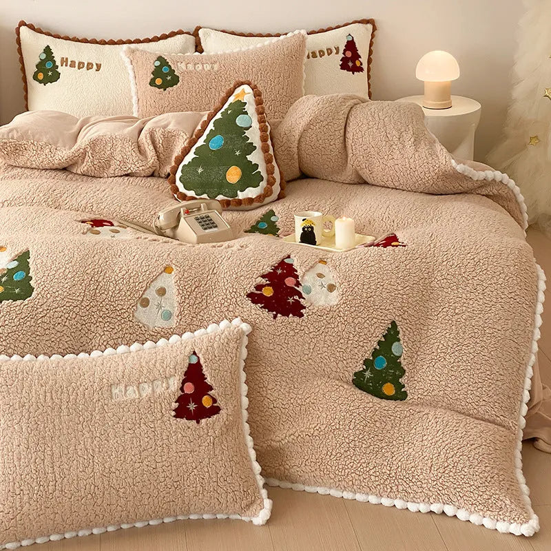 Bright yellow fleece-lined duvet cover with cartoon Christmas tree print, part of a four-piece milk fibre bedding set.
