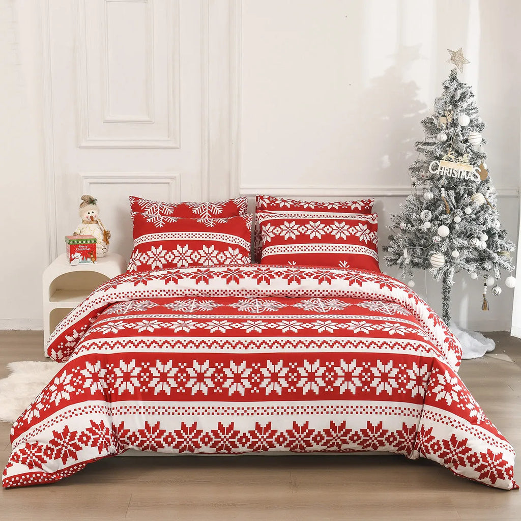 Red Winter Sleepers quilt cover with Christmas Love Song pattern, folded with matching pillowcases.