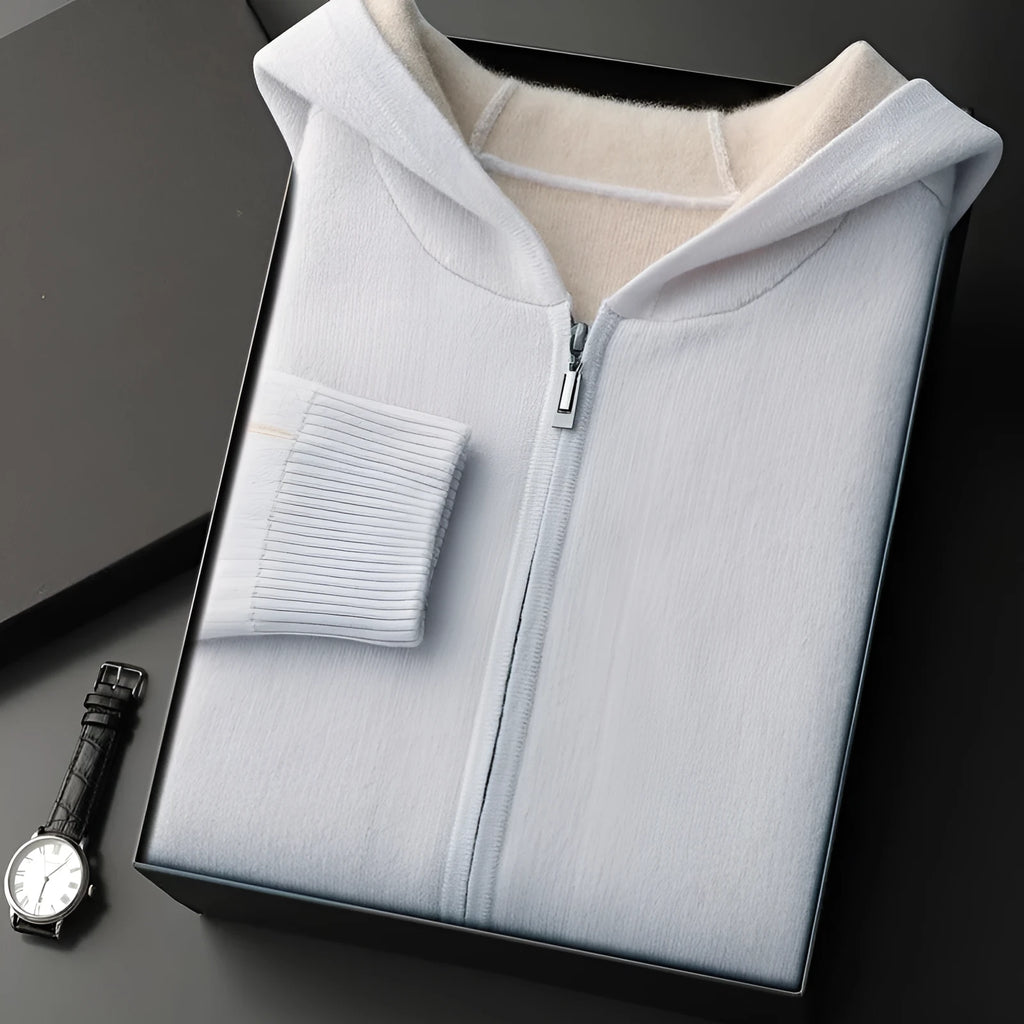 Men's dark blue cashmere zip cardigan with half-high collar and long sleeves