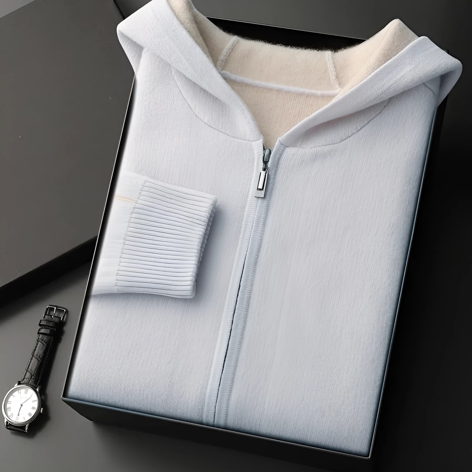 Men's dark blue cashmere zip cardigan with half-high collar and long sleeves