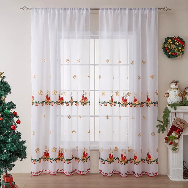 American Christmas curtain pair with white snowflake embroidery on red polyester fabric