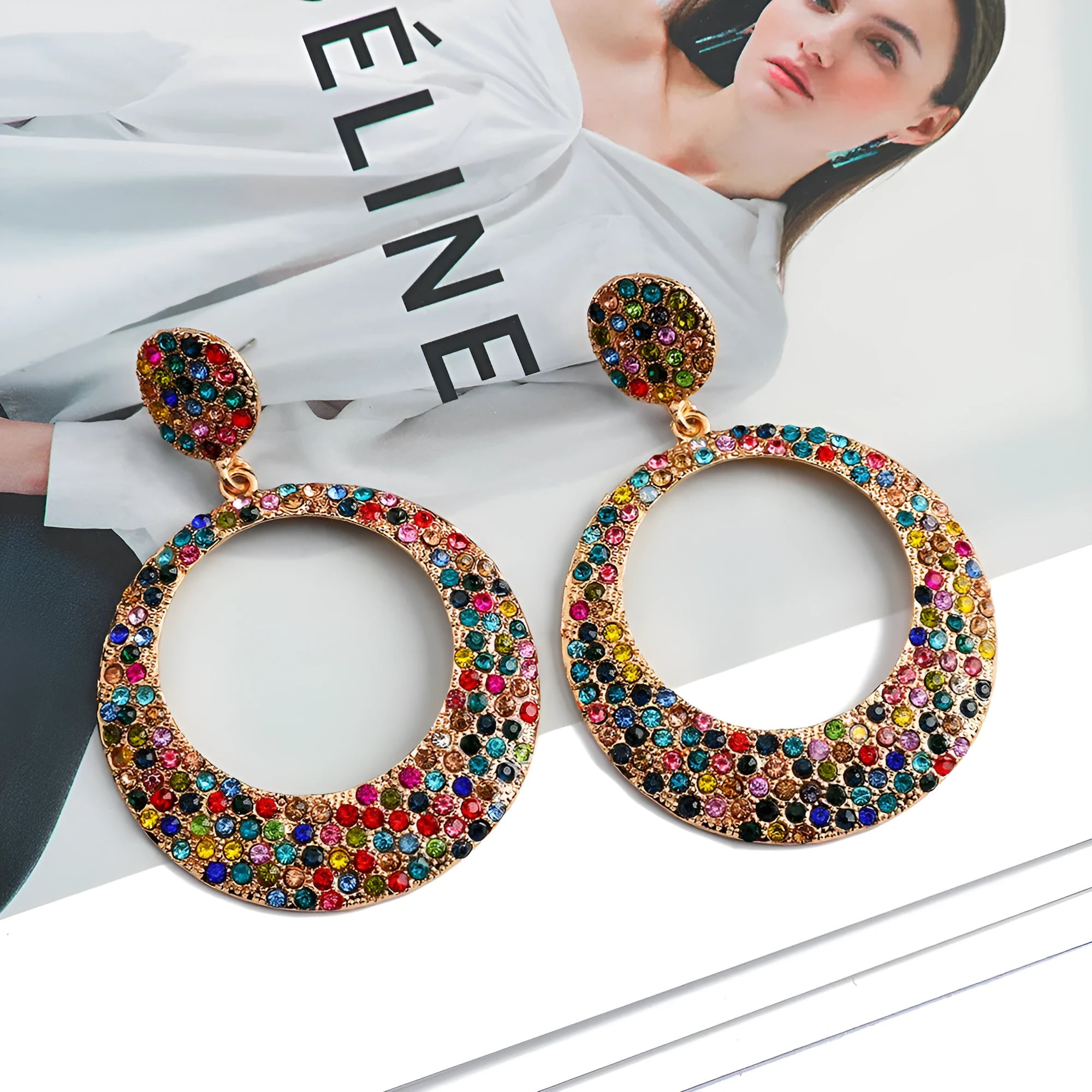 Colourful metal alloy round pendant earrings with cartoon diamond design for women.