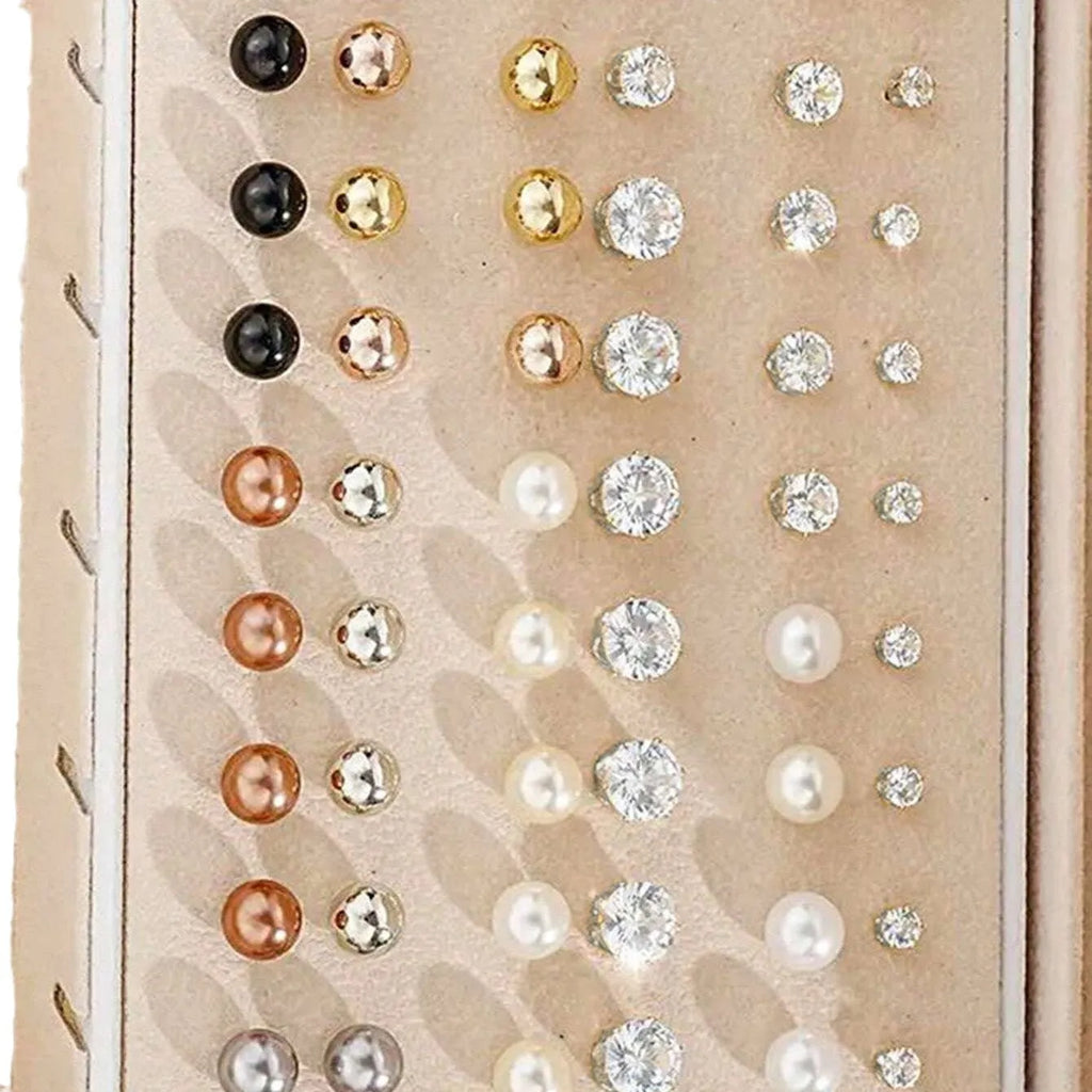 108-piece assortment of gold and yellow alloy stud earrings with geometric shapes and round pearls.