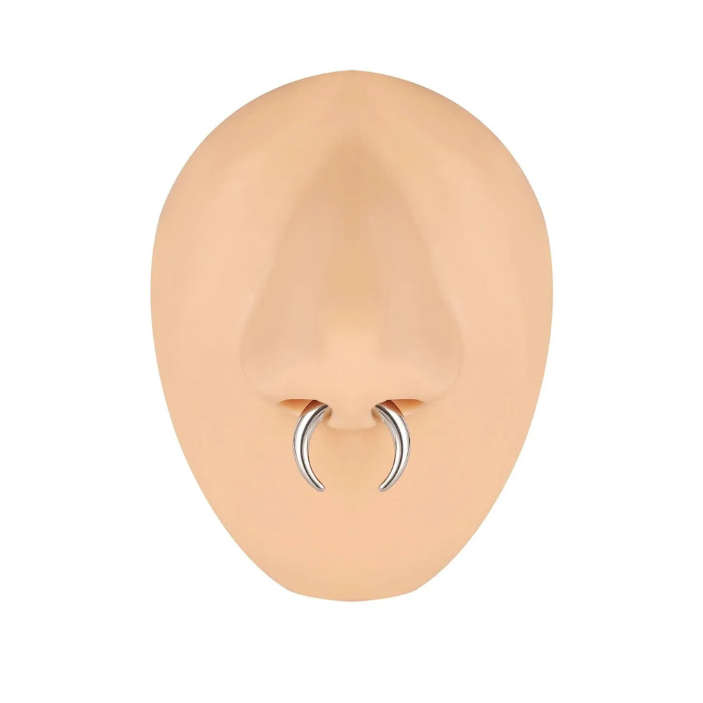 Close-up of a C-shaped buffalo horn style nose ring made from 316L stainless steel, showing steel colour and black finish options.