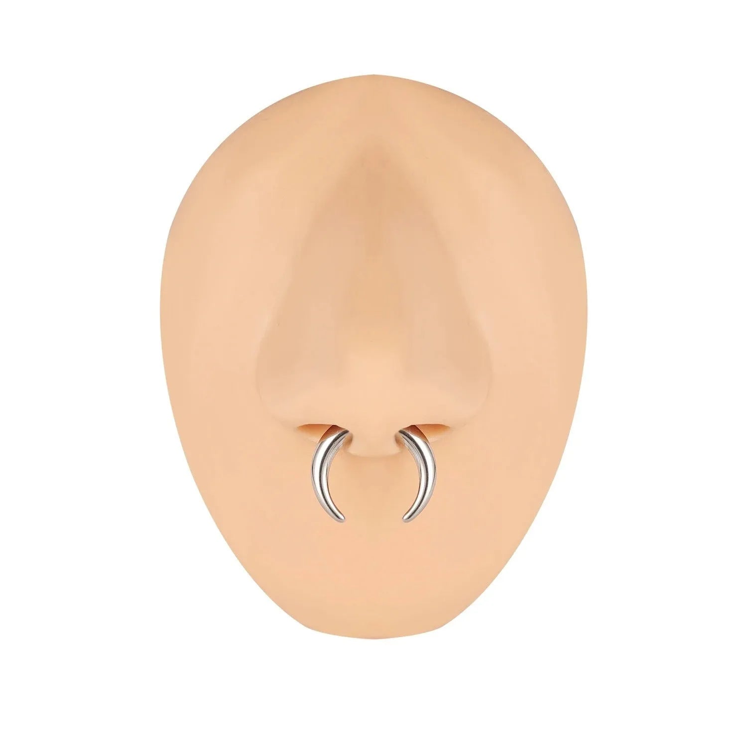 Close-up of a C-shaped buffalo horn style nose ring made from 316L stainless steel, showing steel colour and black finish options.