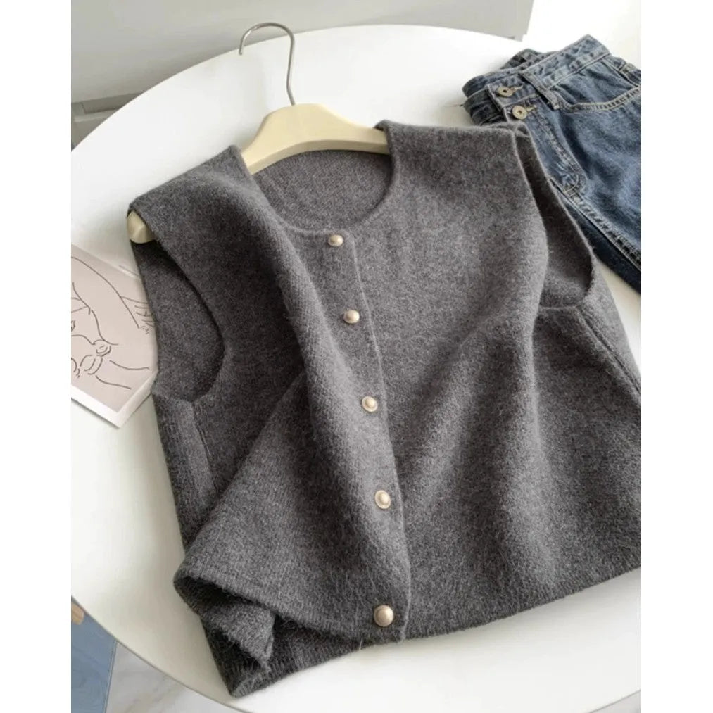 A smoky grey polyester half-sleeve pullover vest laid flat, showing its regular sleeve and commuter style.