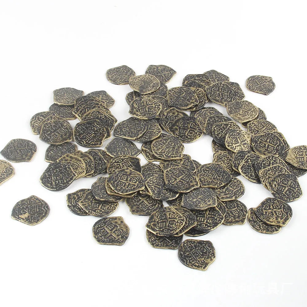 100 plastic Roman coin replicas with gold, silver, and bronze electroplated finishes for decorative use