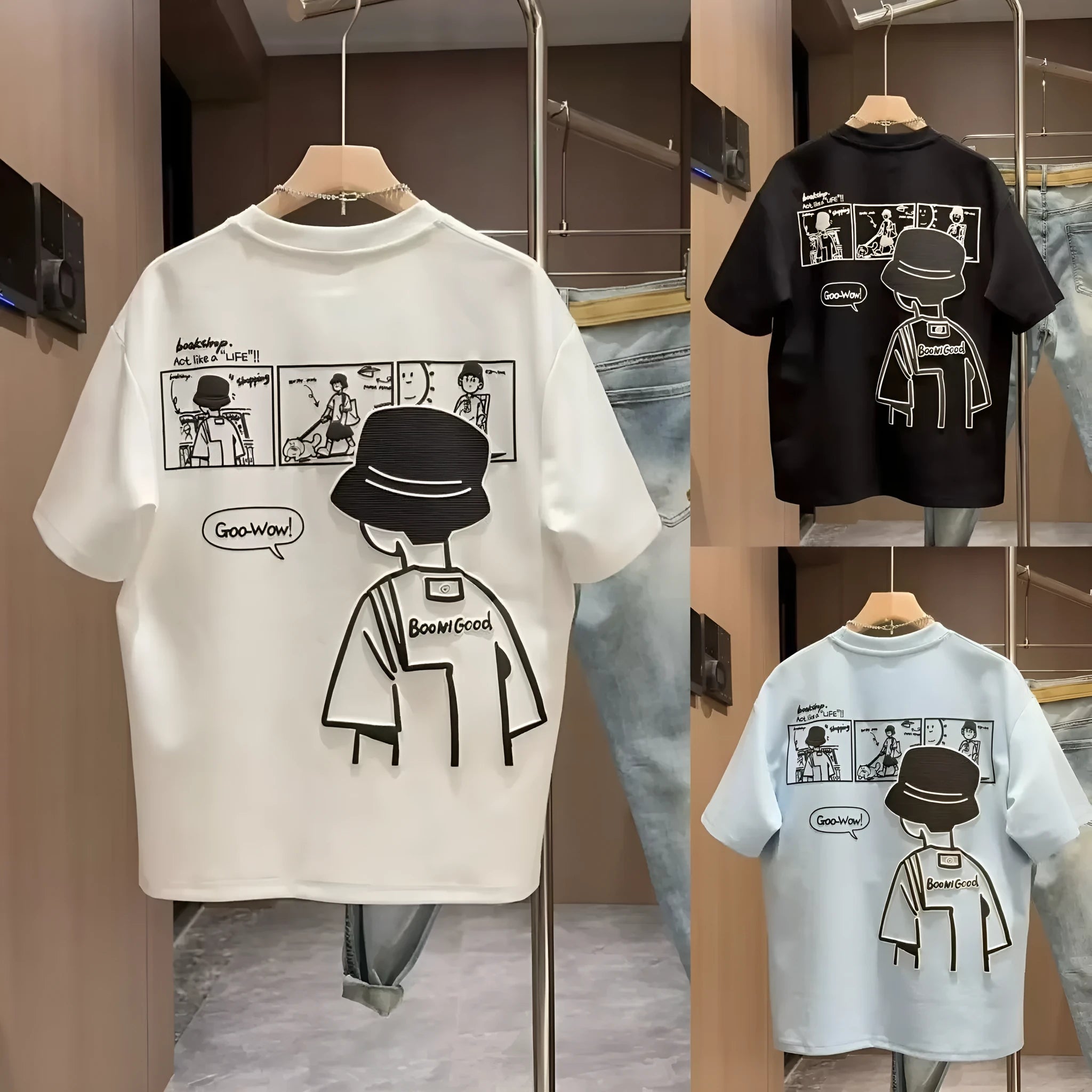 Men's black and white cotton short sleeve t-shirt with cartoon print, showing crew neck and straight cut.